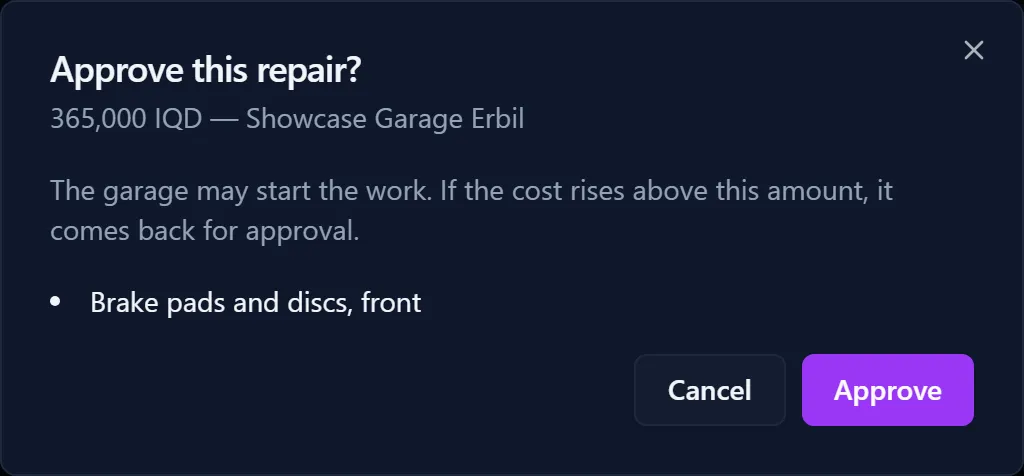 Repair approval dialog with the garage quote and approve and reject buttons