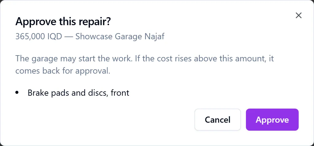 Repair approval dialog with the garage quote and approve and reject buttons