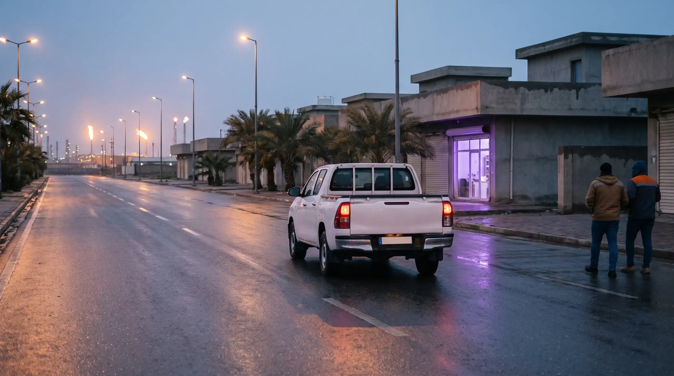 A white pick-up truck on a road near an oil horizon