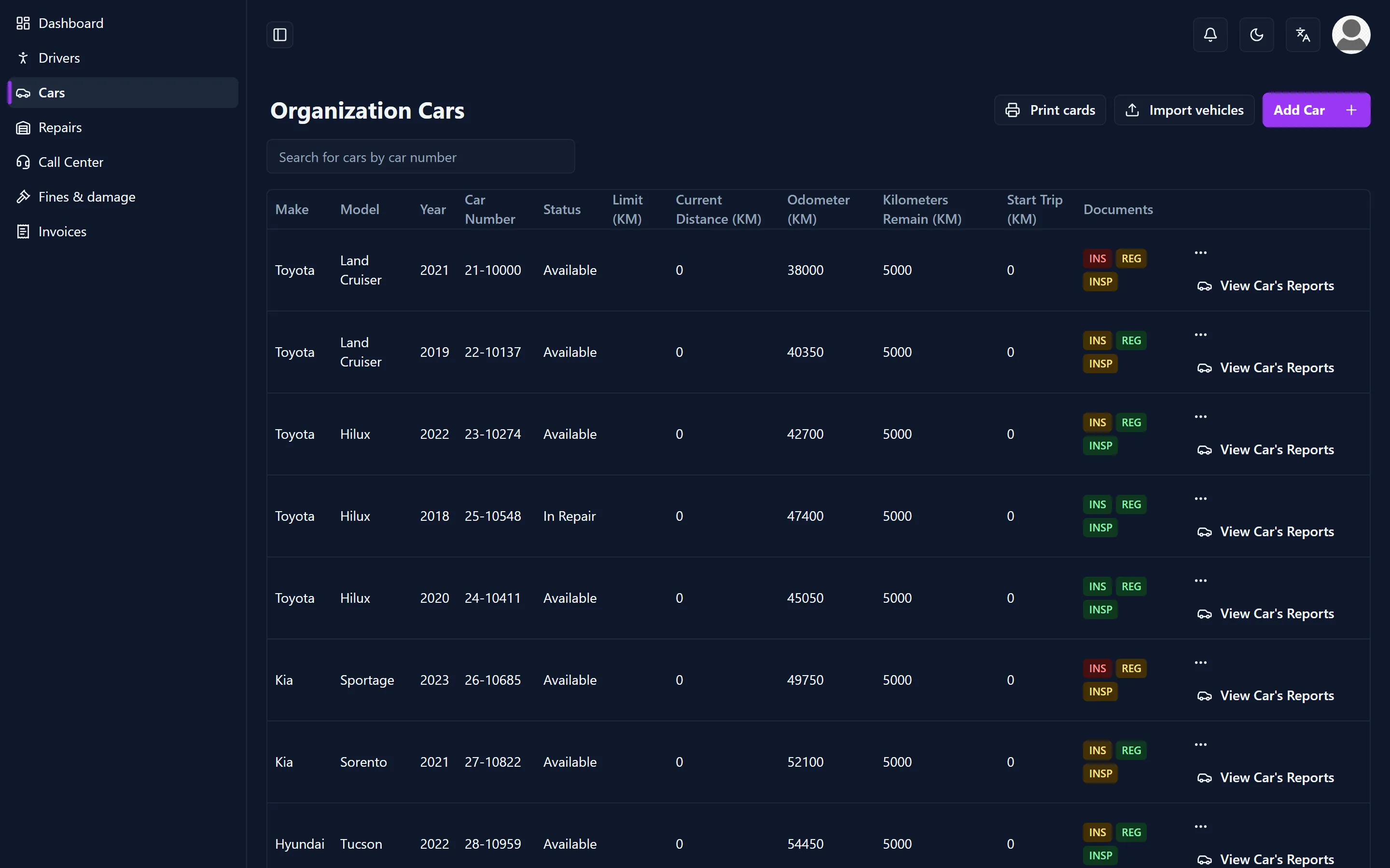 Vehicle list with expiry dates and their colours