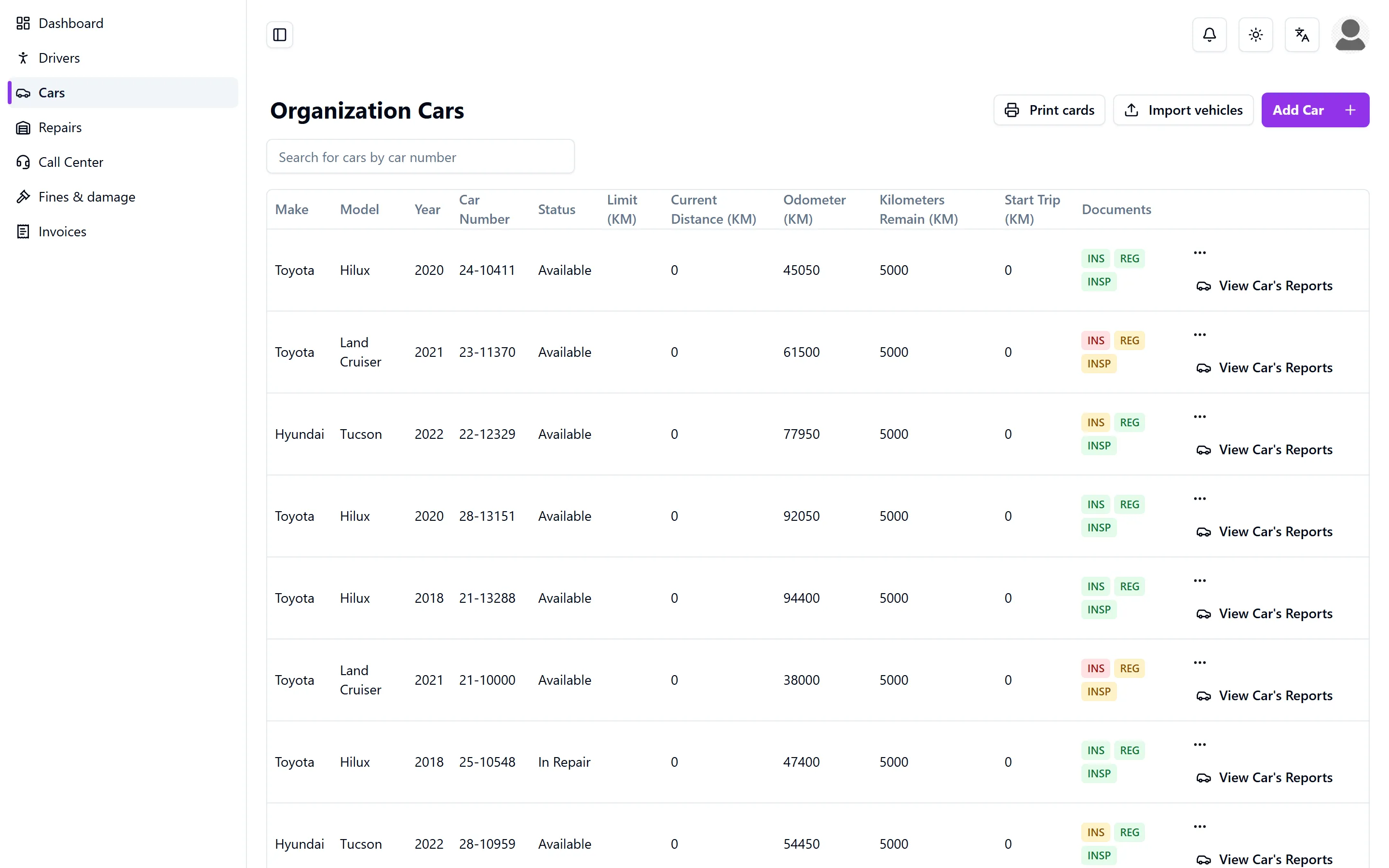 Vehicle list with expiry dates and their colours