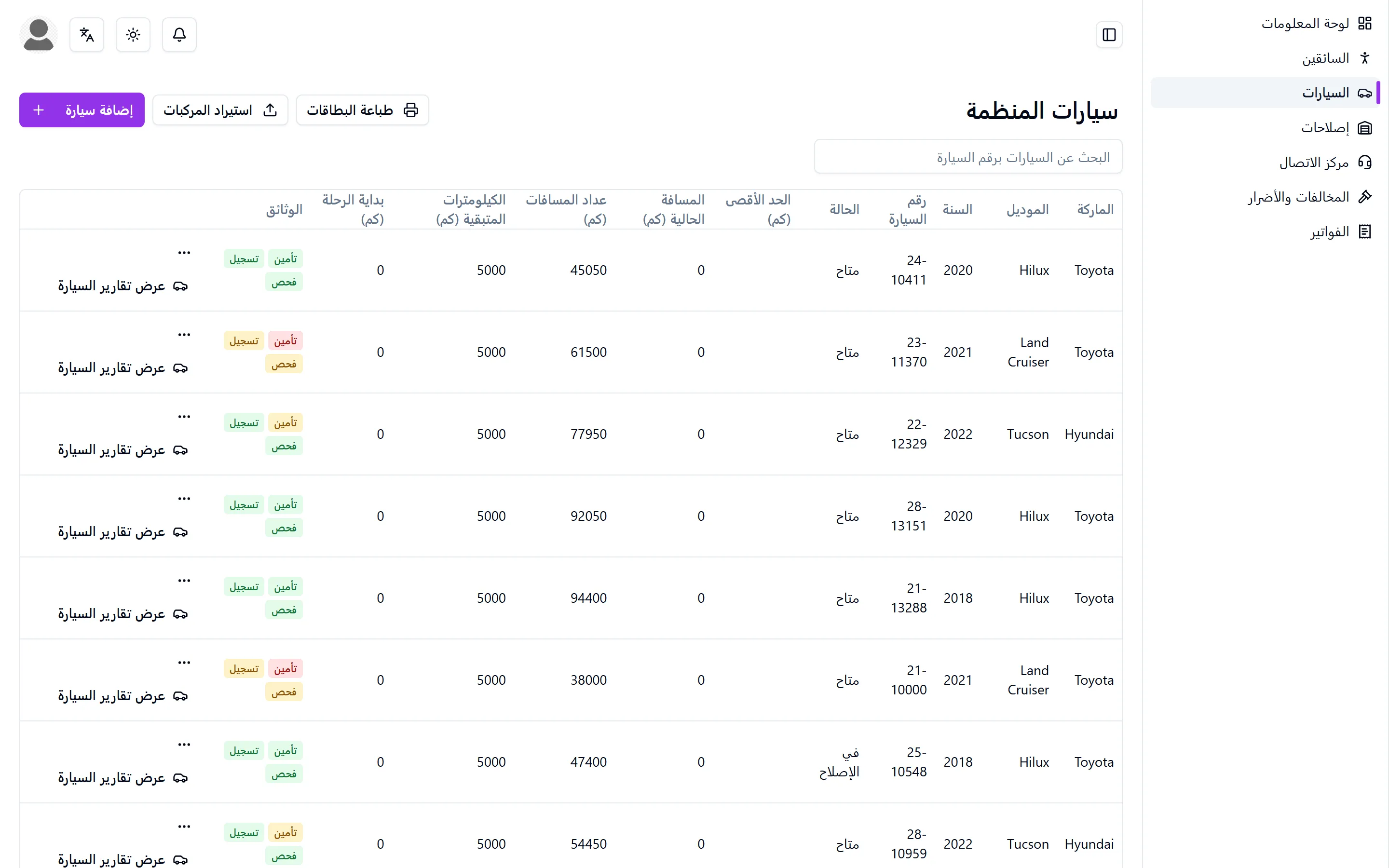 قائمة المركبات مع تواريخ الانتهاء وألوانها