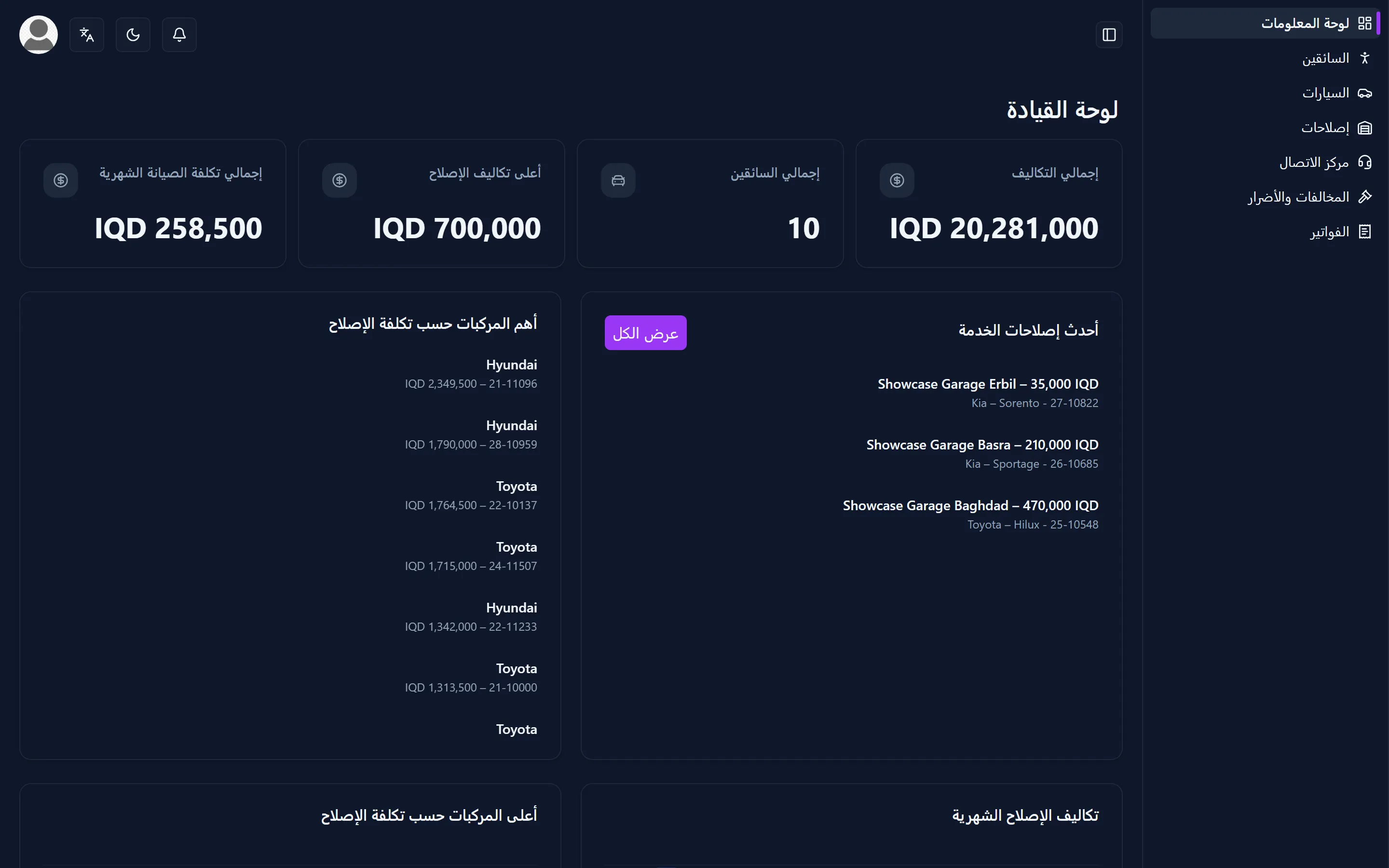 The same fleet dashboard (العربية)