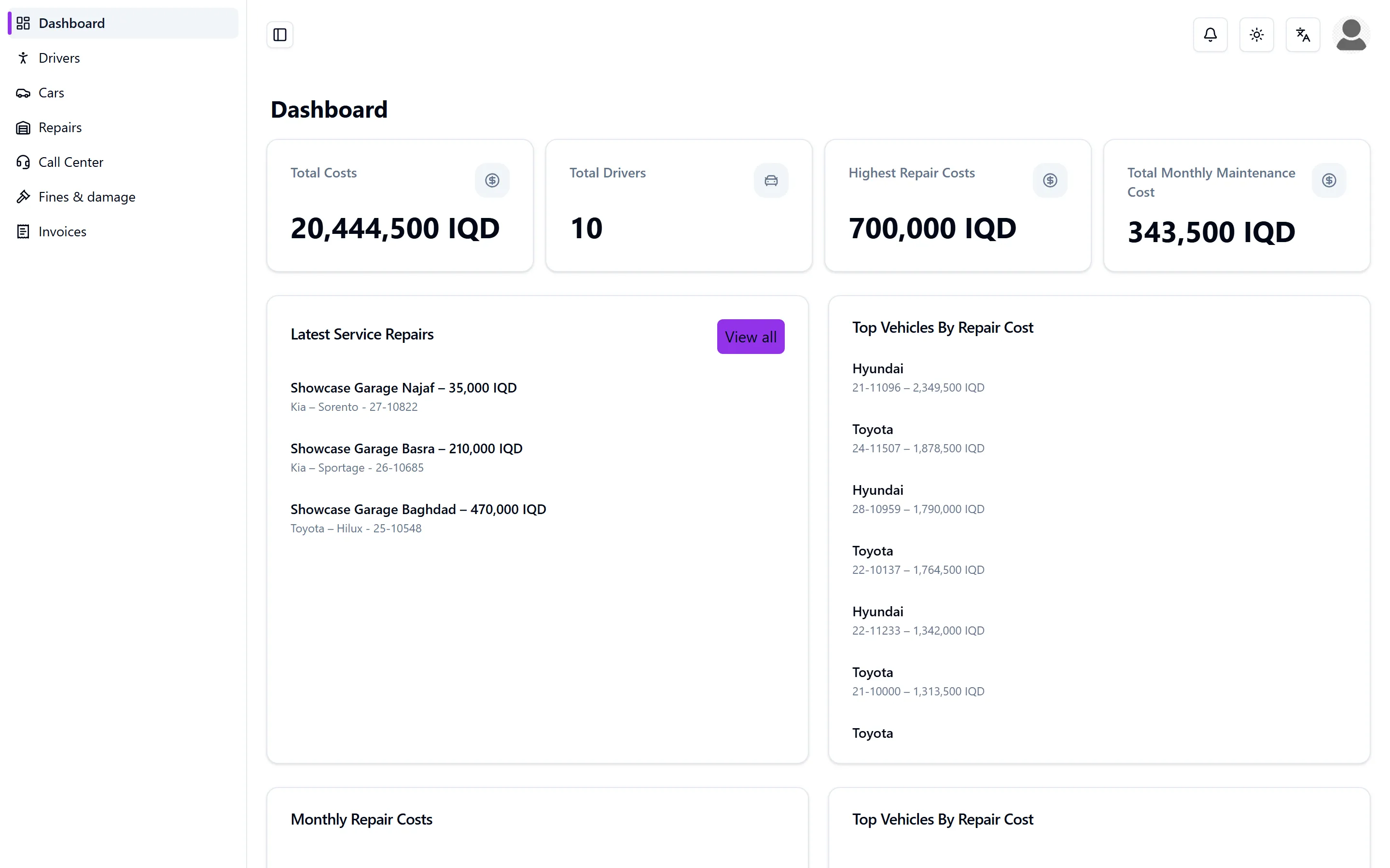 Auto Plus+ dashboard: fleet overview with repairs and costs