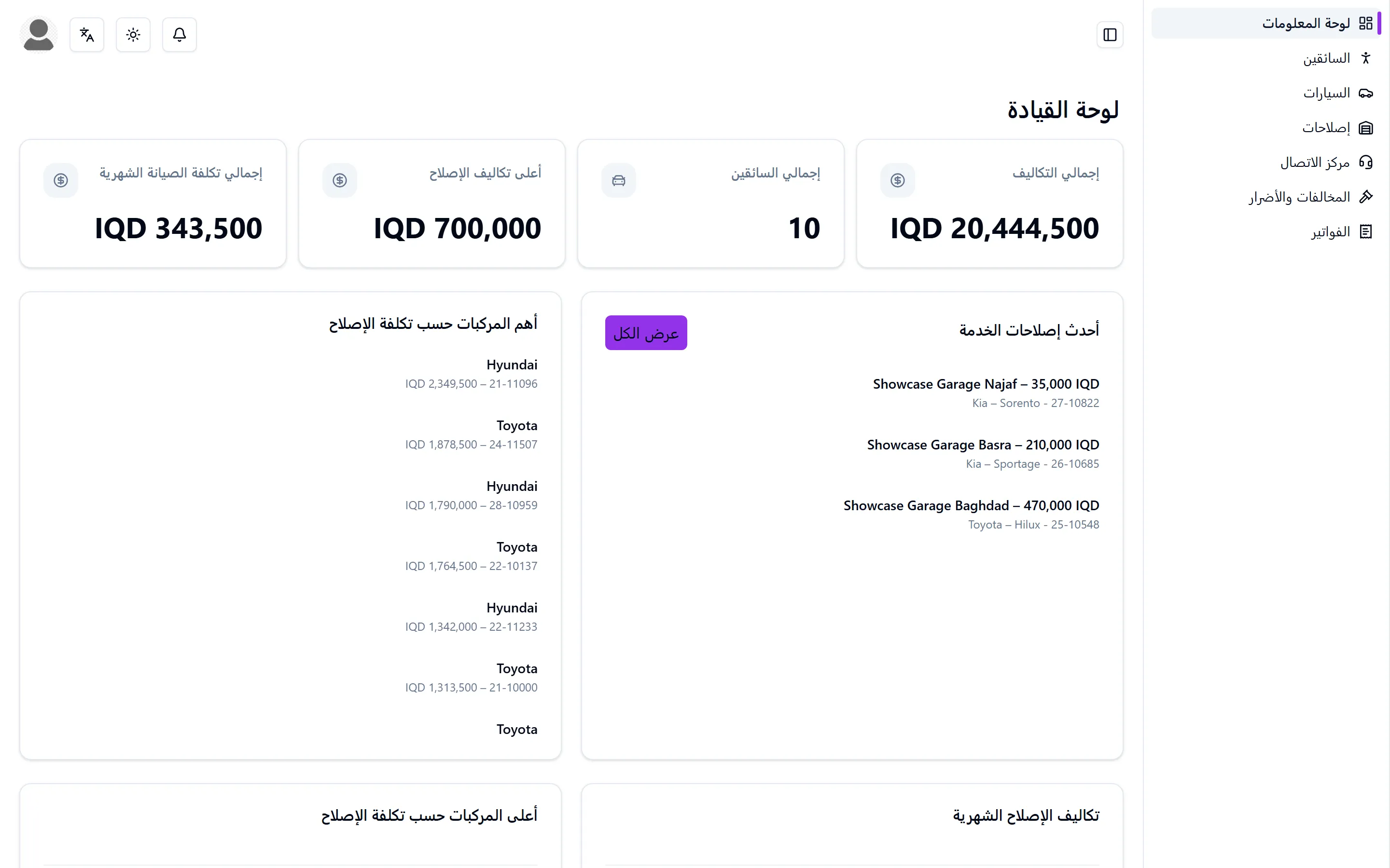 The same fleet dashboard (العربية)