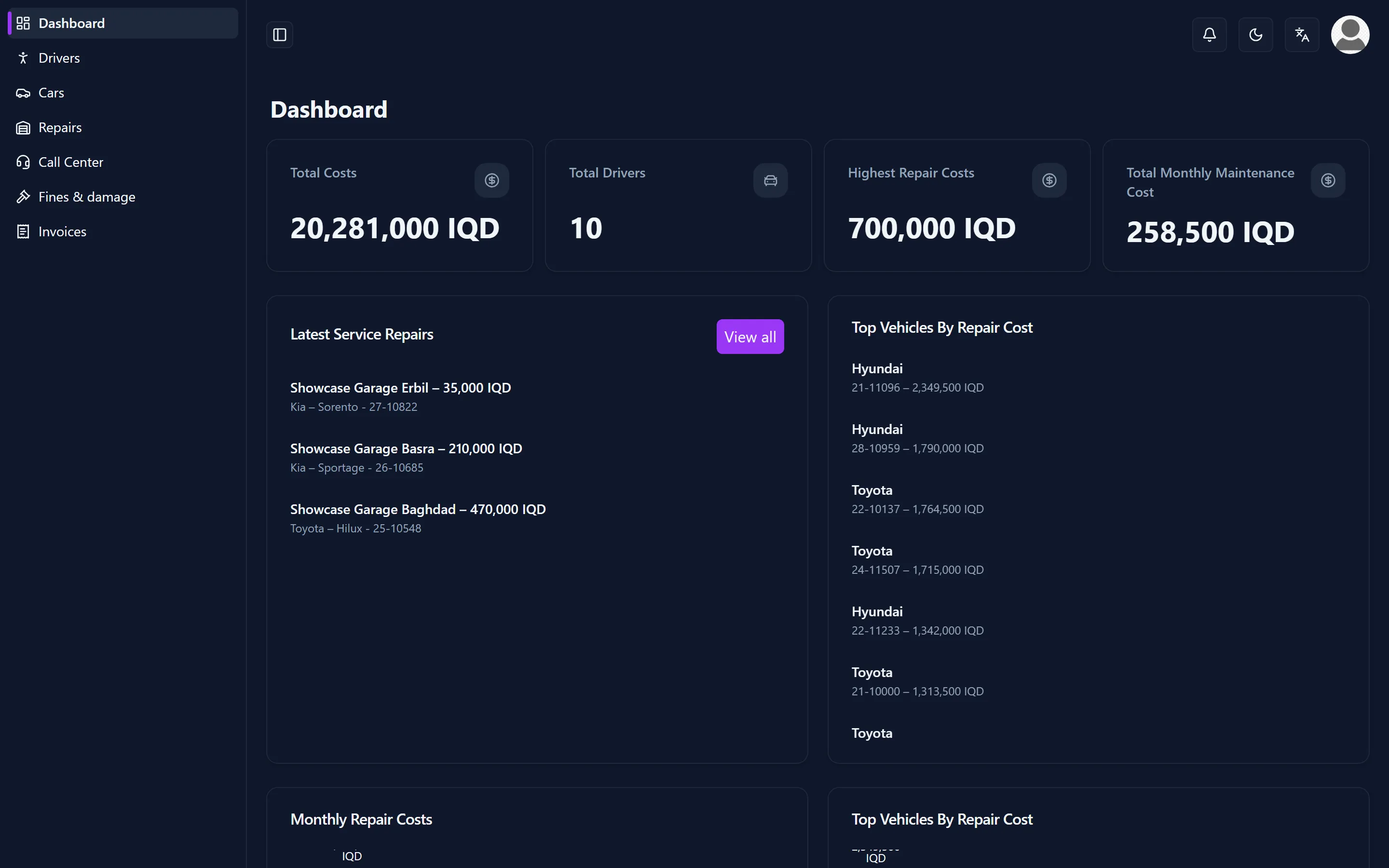 Auto Plus+ dashboard: fleet overview with repairs and costs