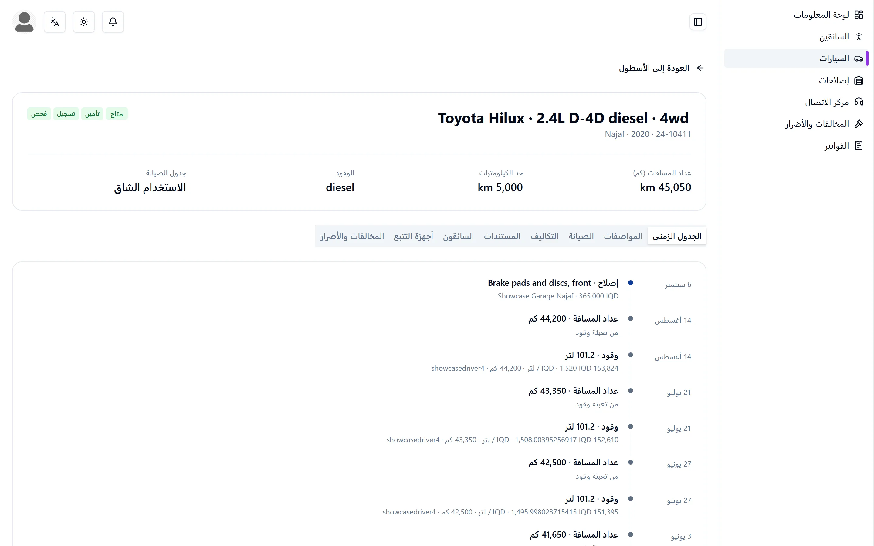 ملف مركبة واحدة، وعلامة التبويب «الجدول الزمني» مفتوحة