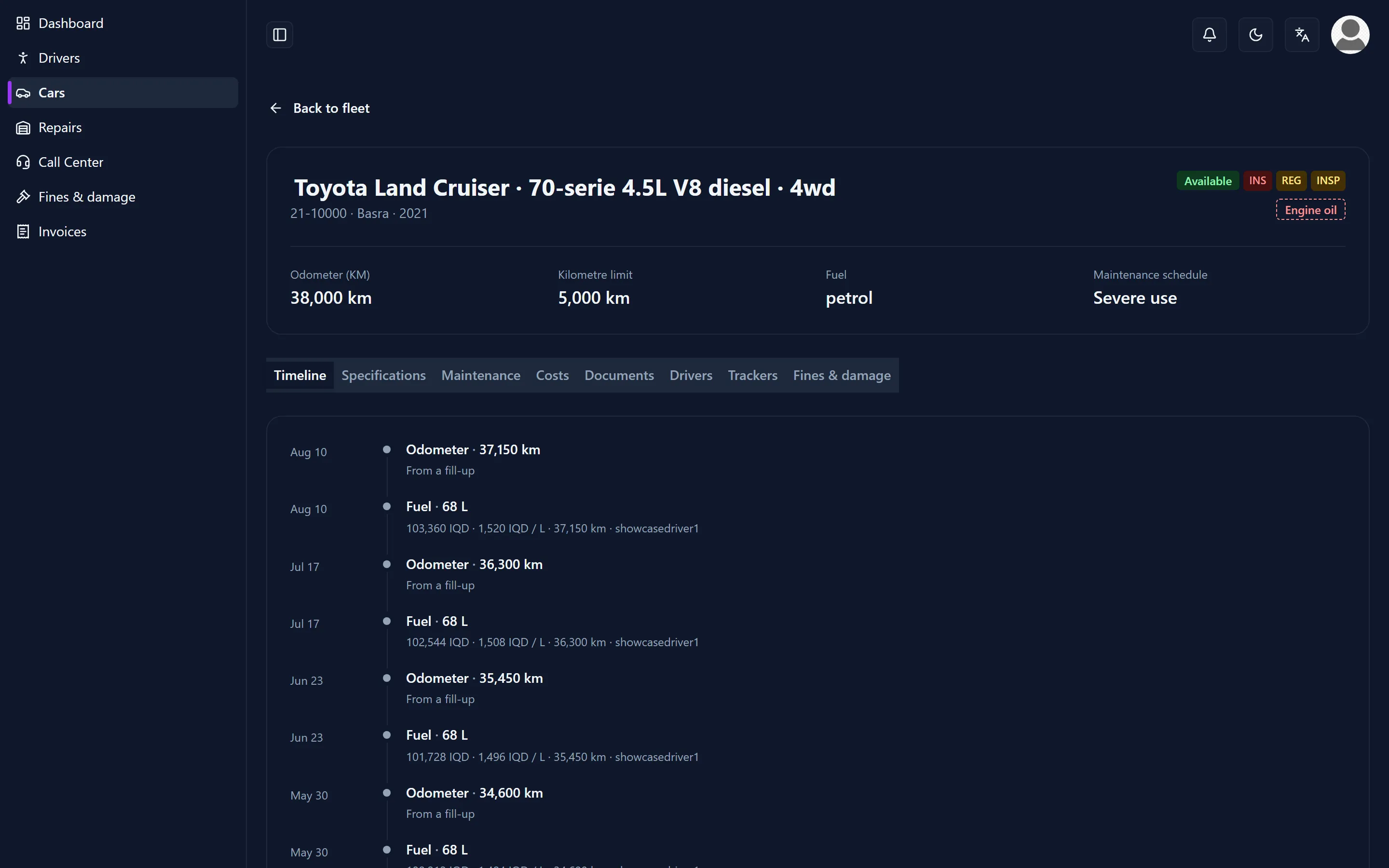 Vehicle dossier with the timeline tab open
