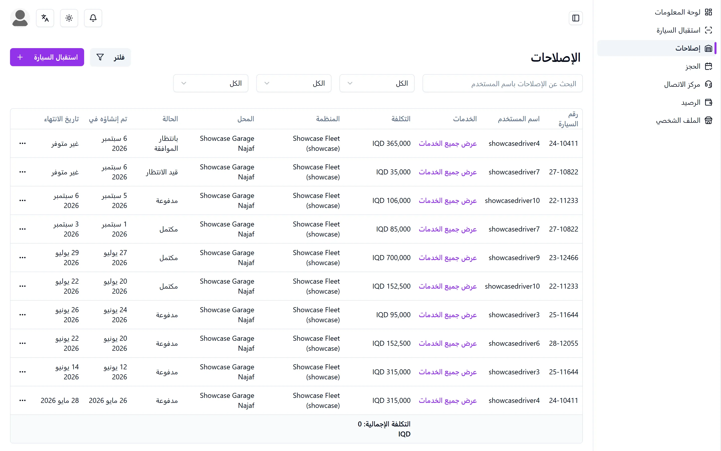 لوحة إصلاحات الورشة بأعمدة لكل مرحلة وشارات الأولوية
