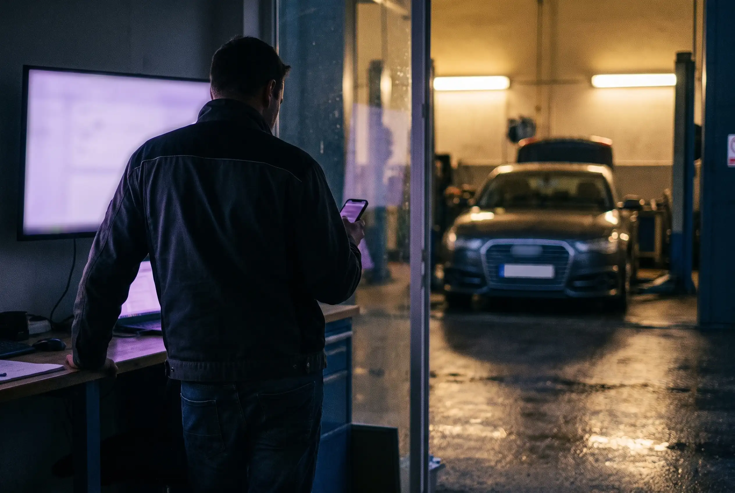 A mechanic with a phone in front of a wall screen