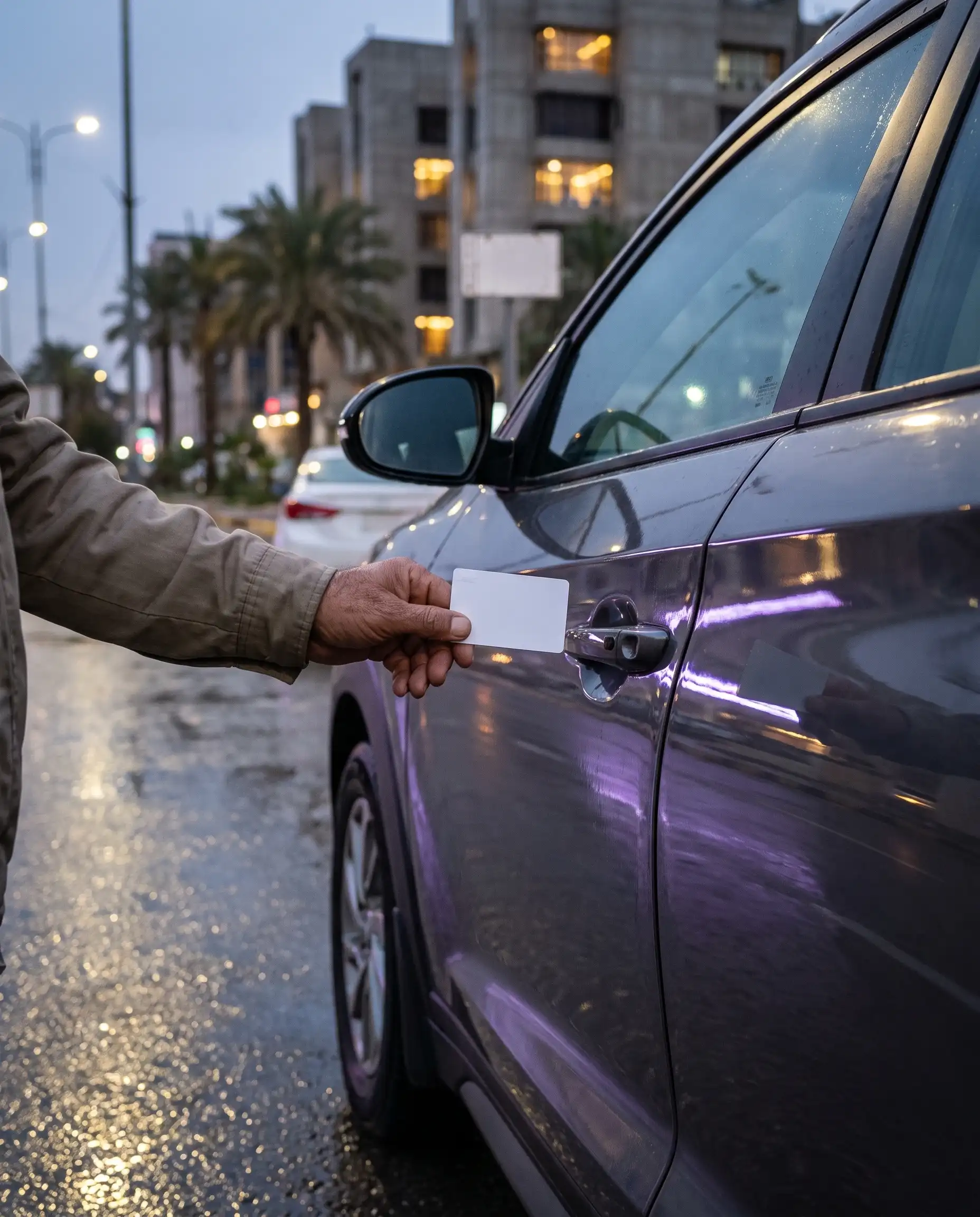 A hand holding a plain card beside a parked car