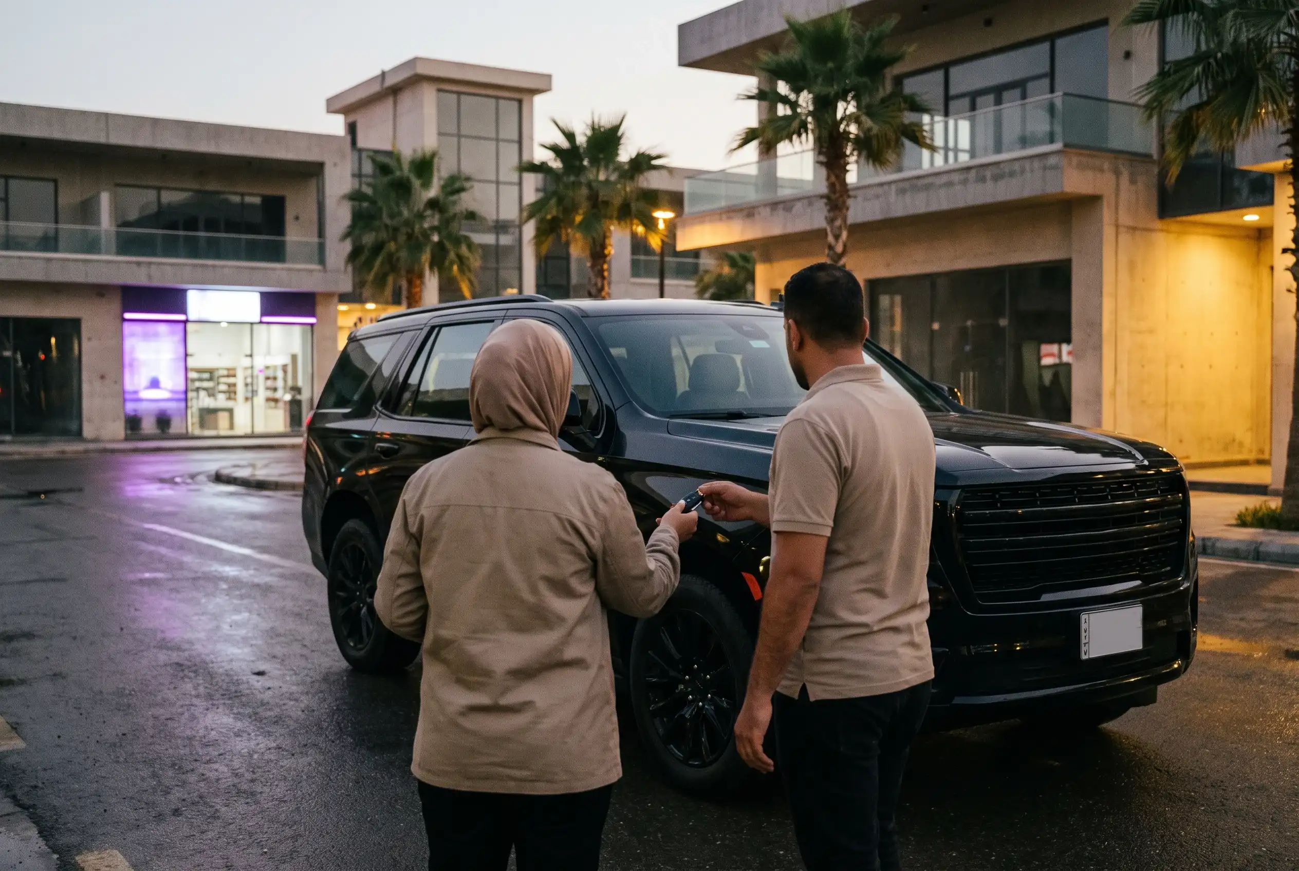A key passed between two hands beside a dark SUV