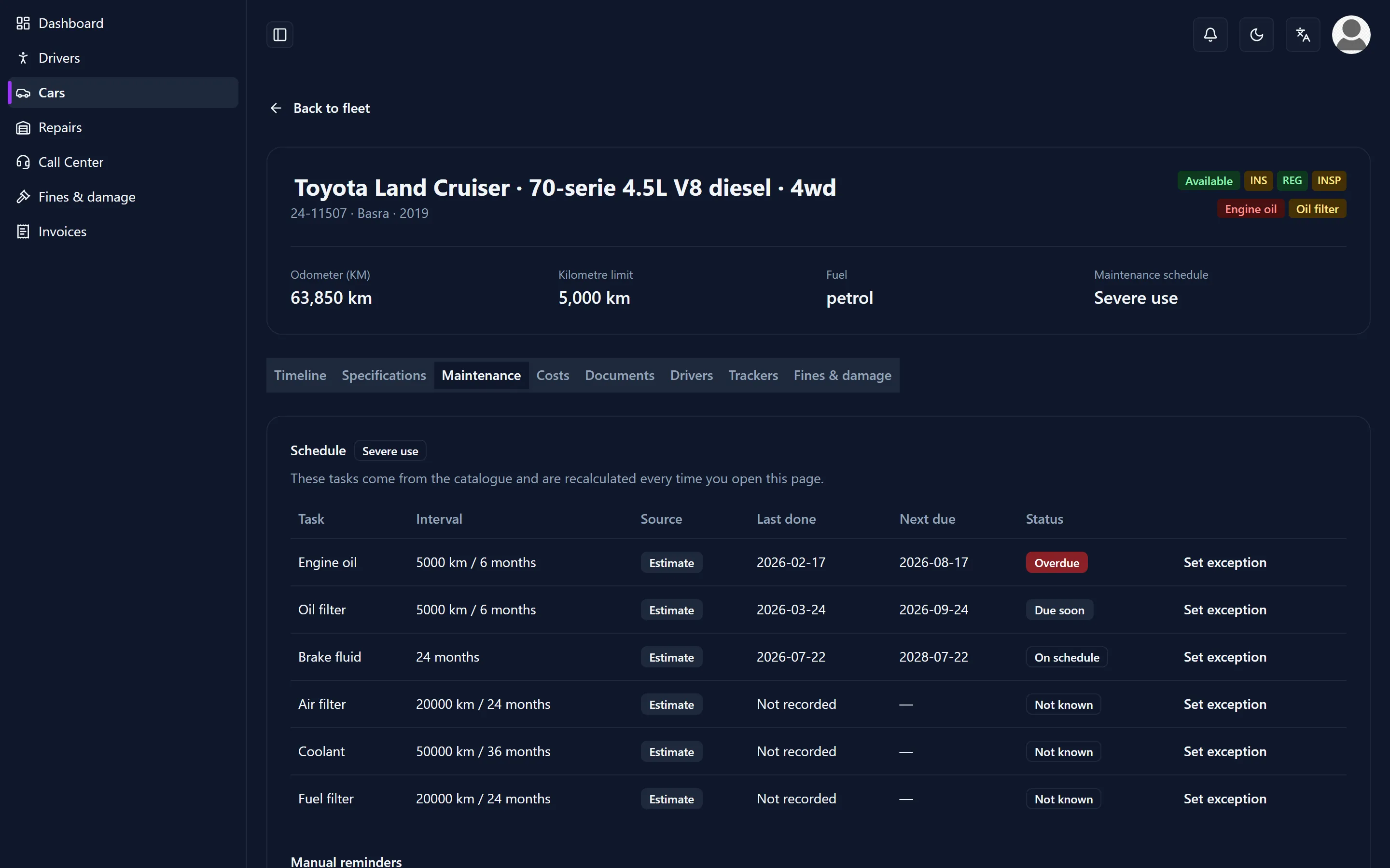 The maintenance tab of one vehicle: every interval with its due date and source