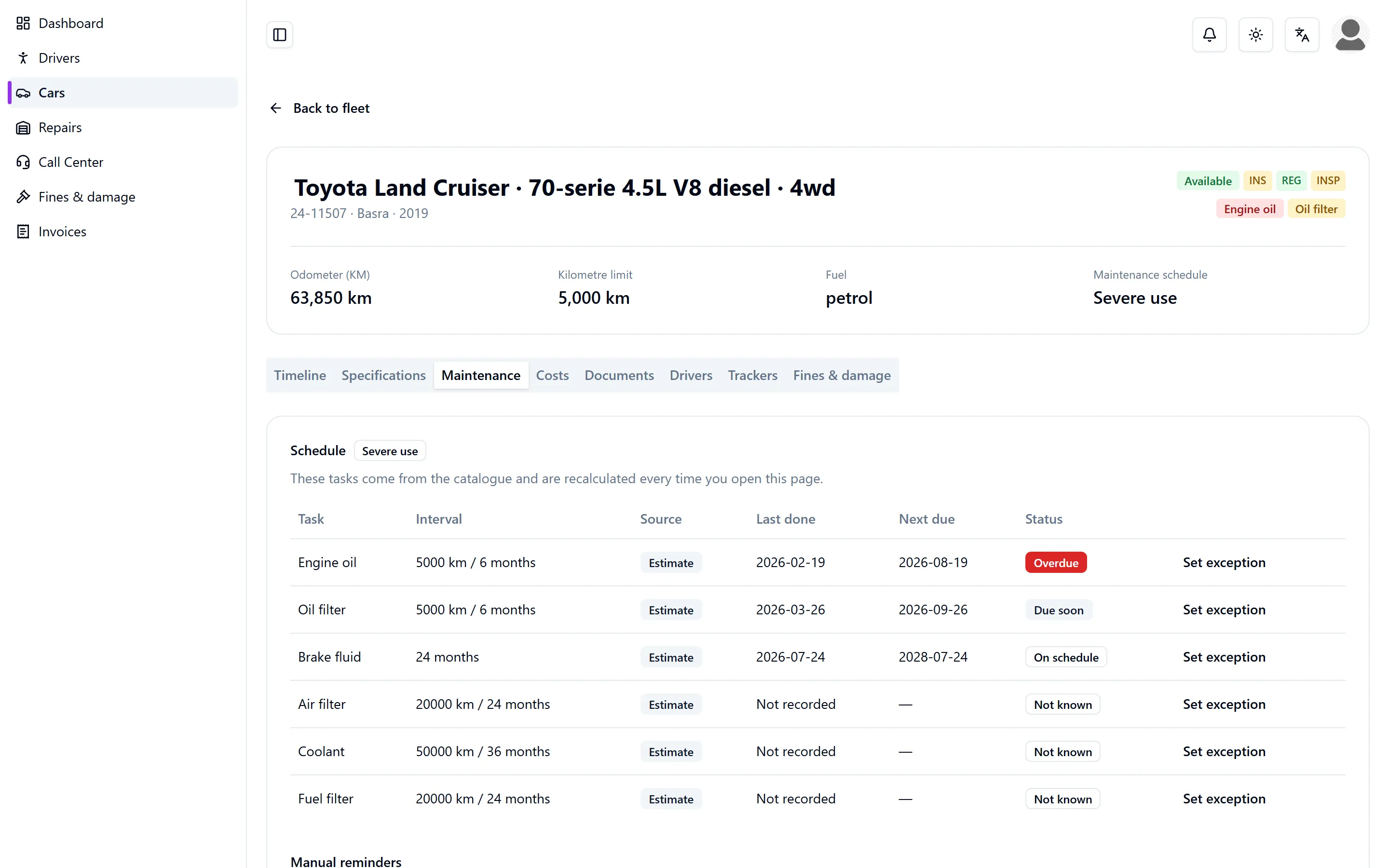 The maintenance tab of one vehicle: every interval with its due date and source