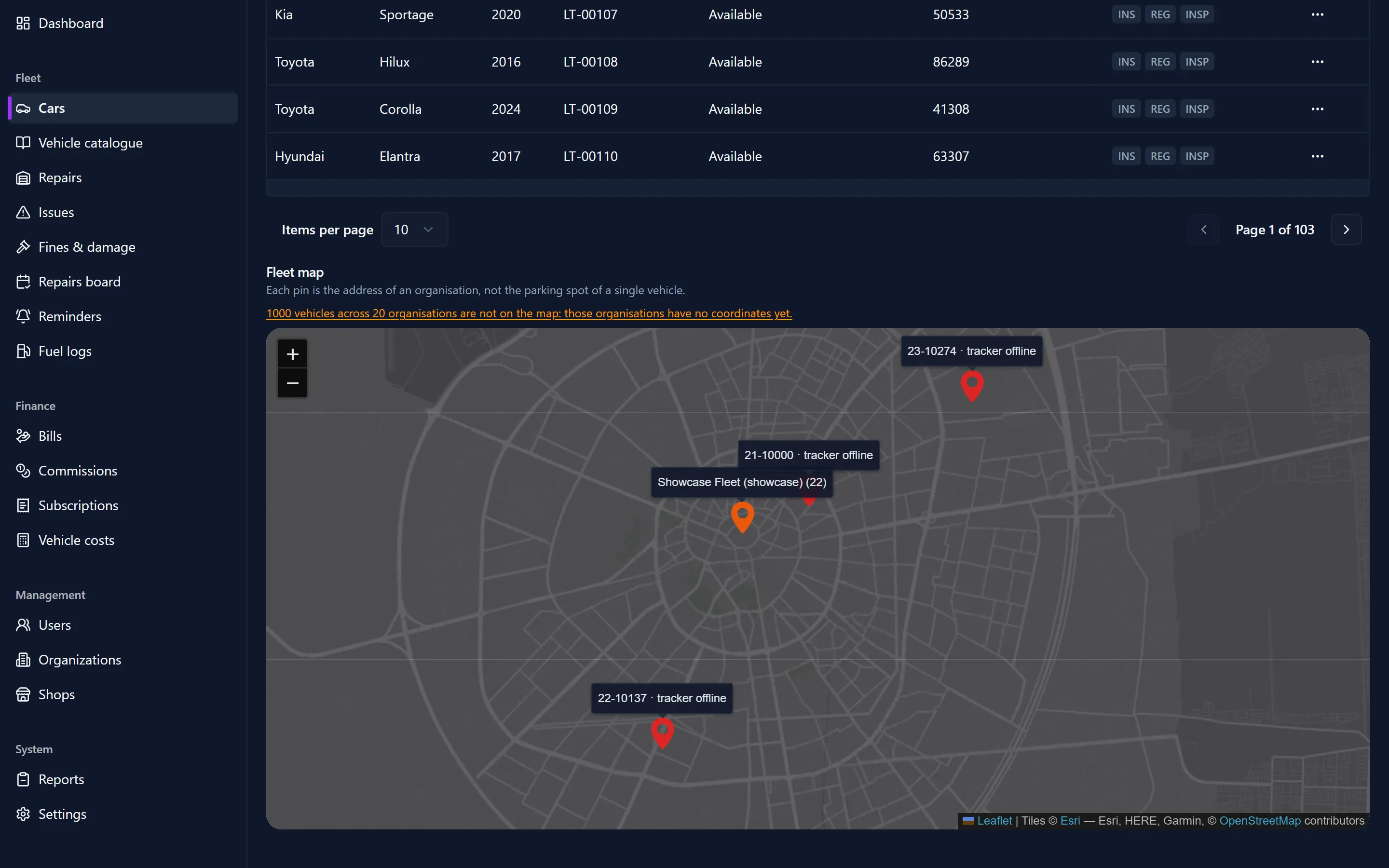 Fleet map with vehicle pins