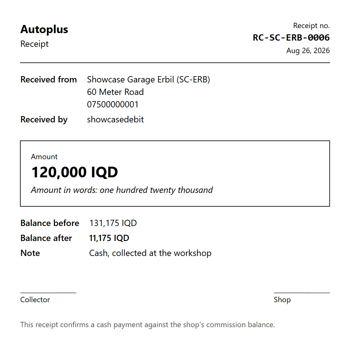 Numbered cash receipt with the amount written out in words (English)