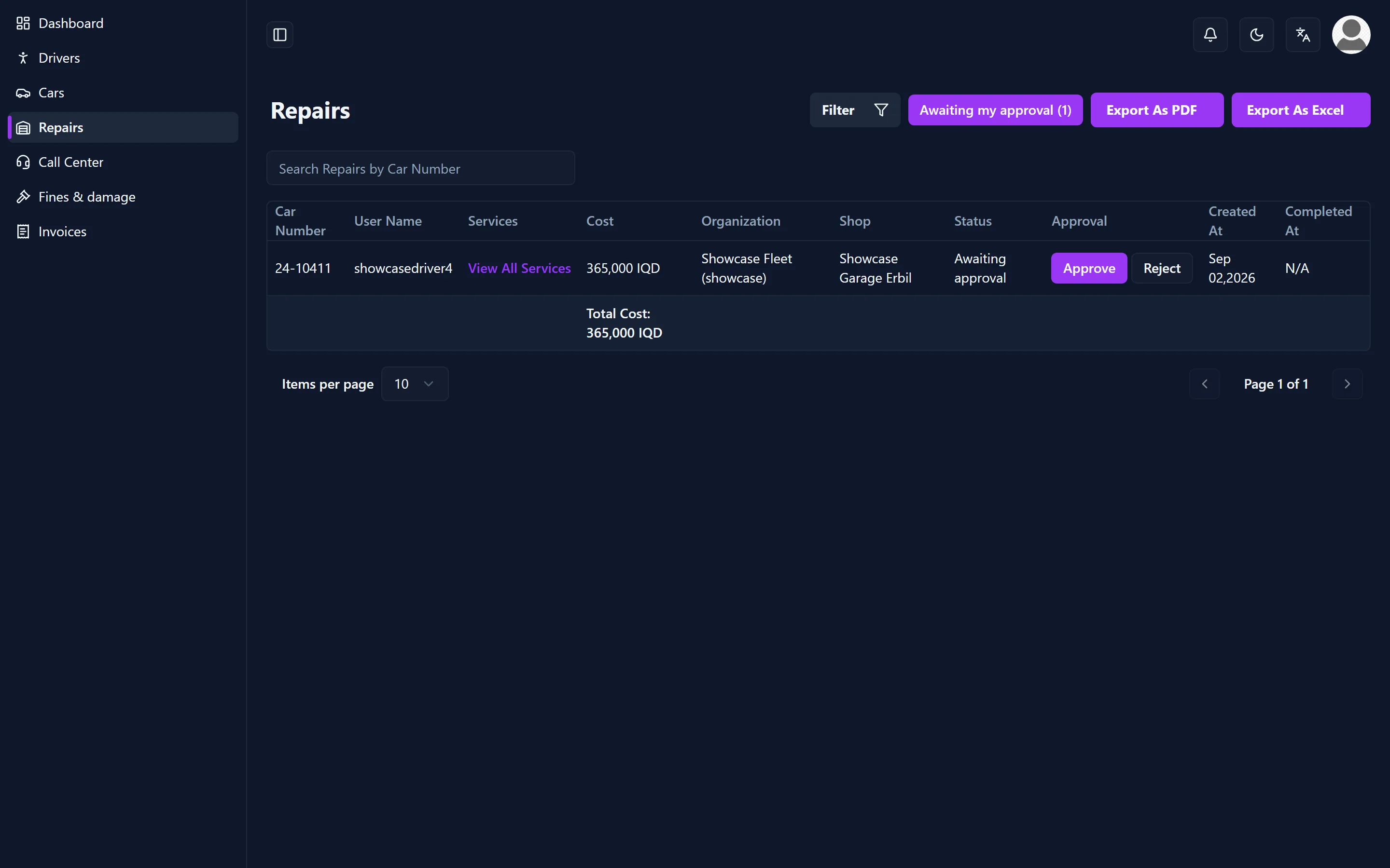 Fleet repair list with cost and status per vehicle