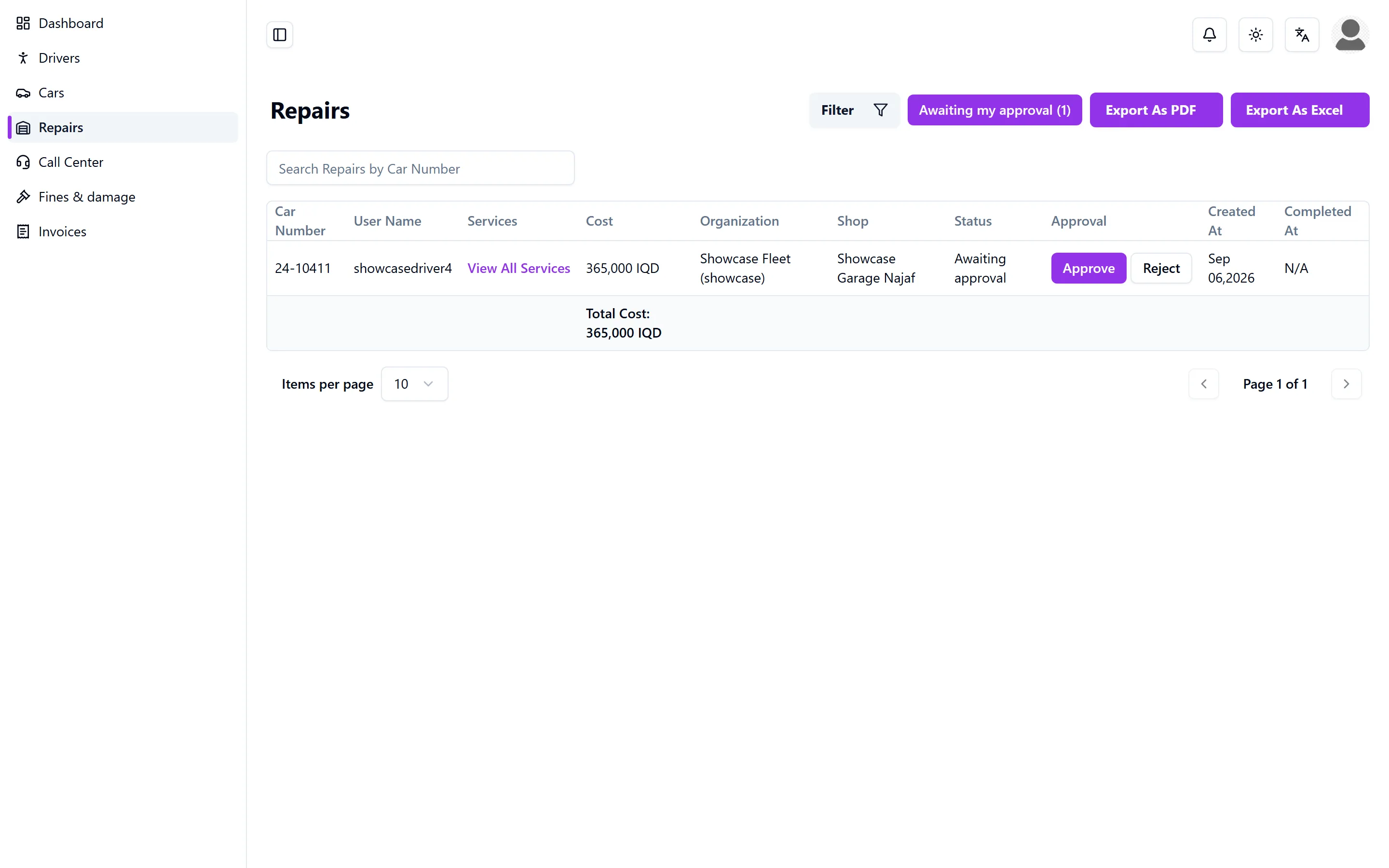 Fleet repair list with cost and status per vehicle