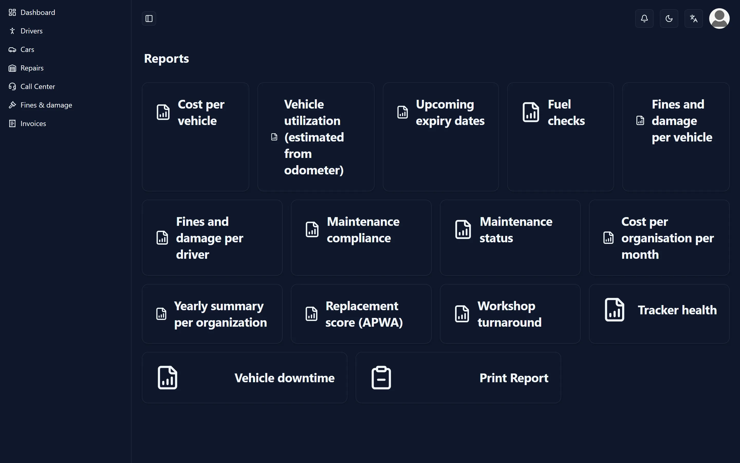 Report index with a card per available report