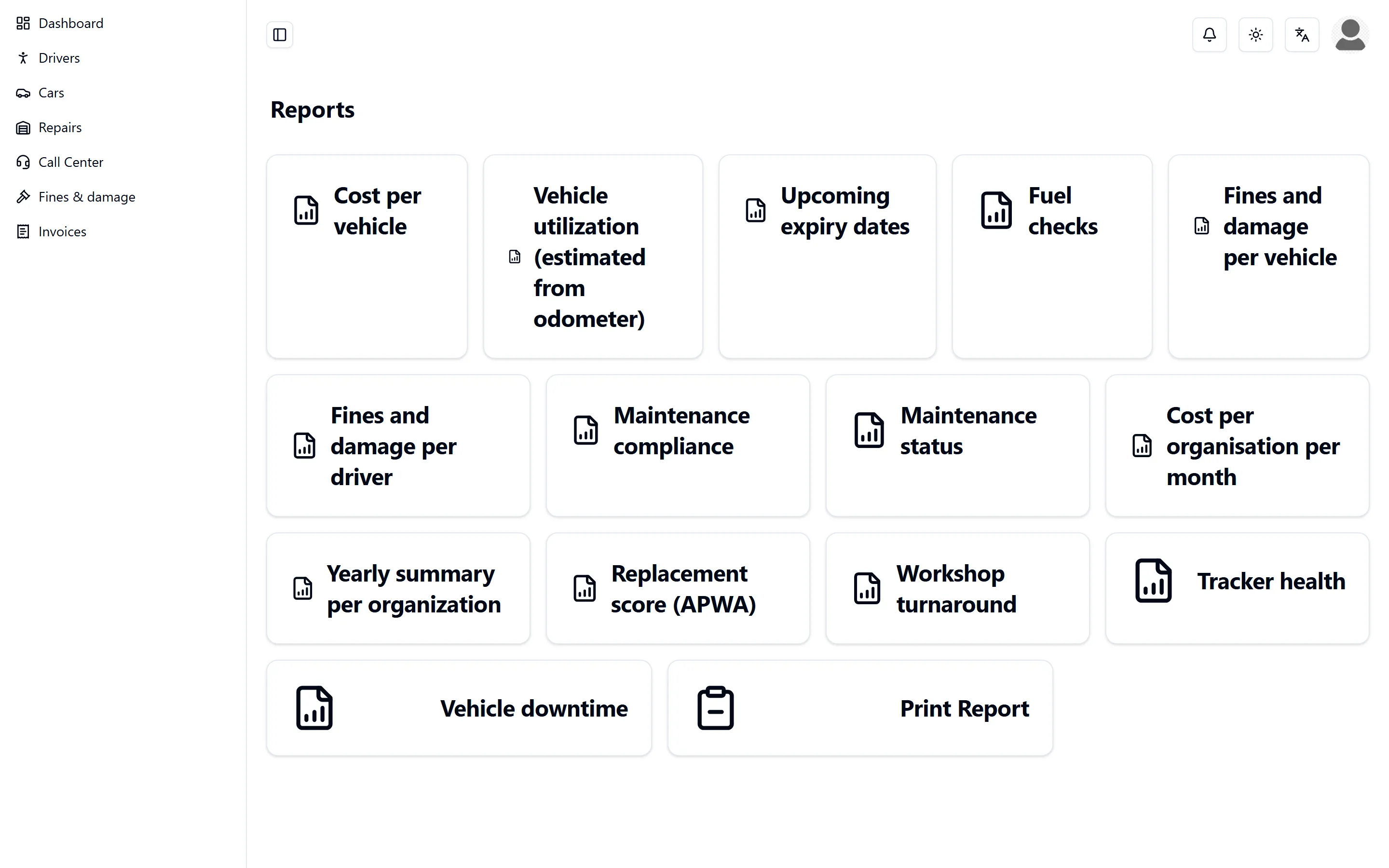 Report index with a card per available report