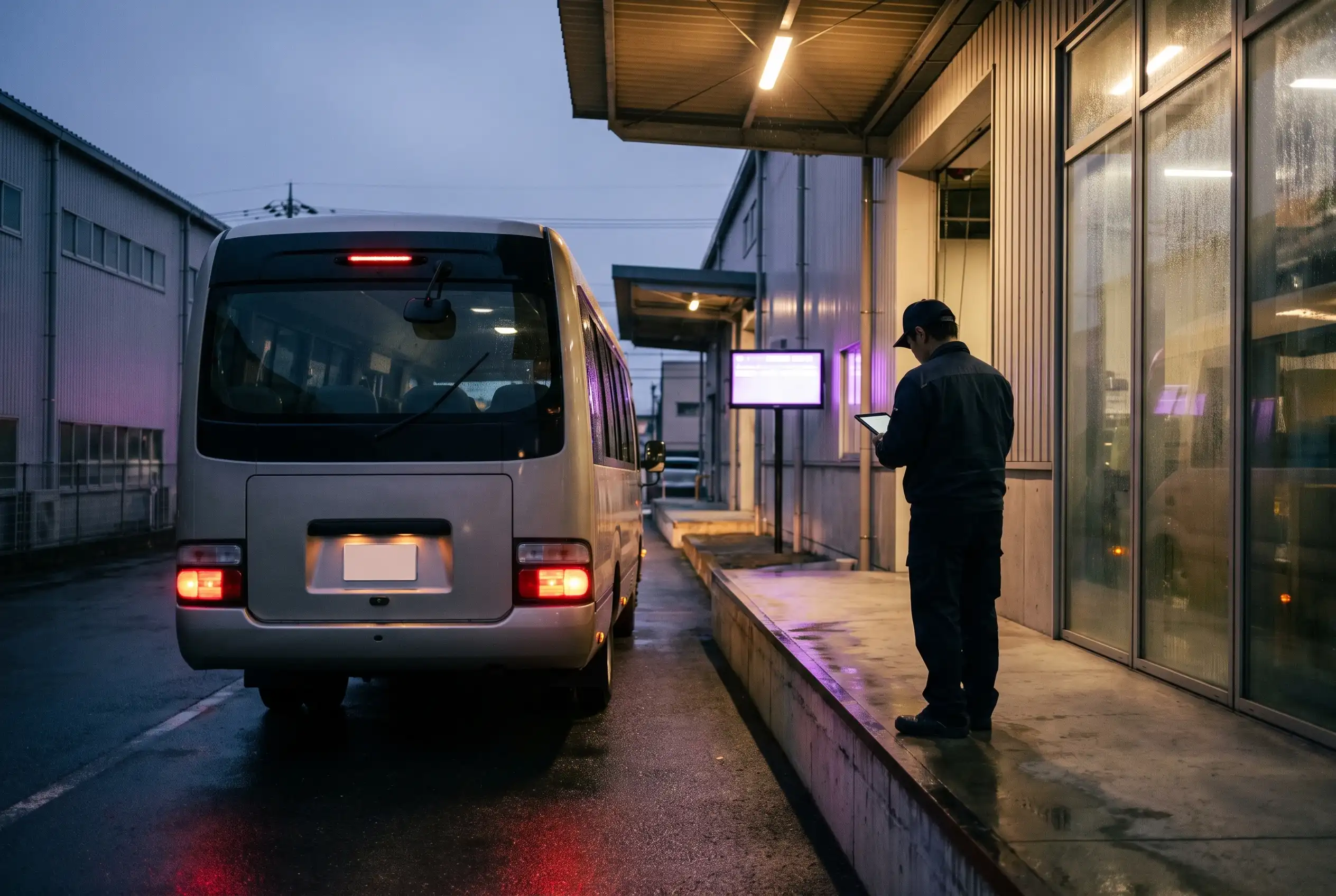 A bus seen from behind at a loading dock