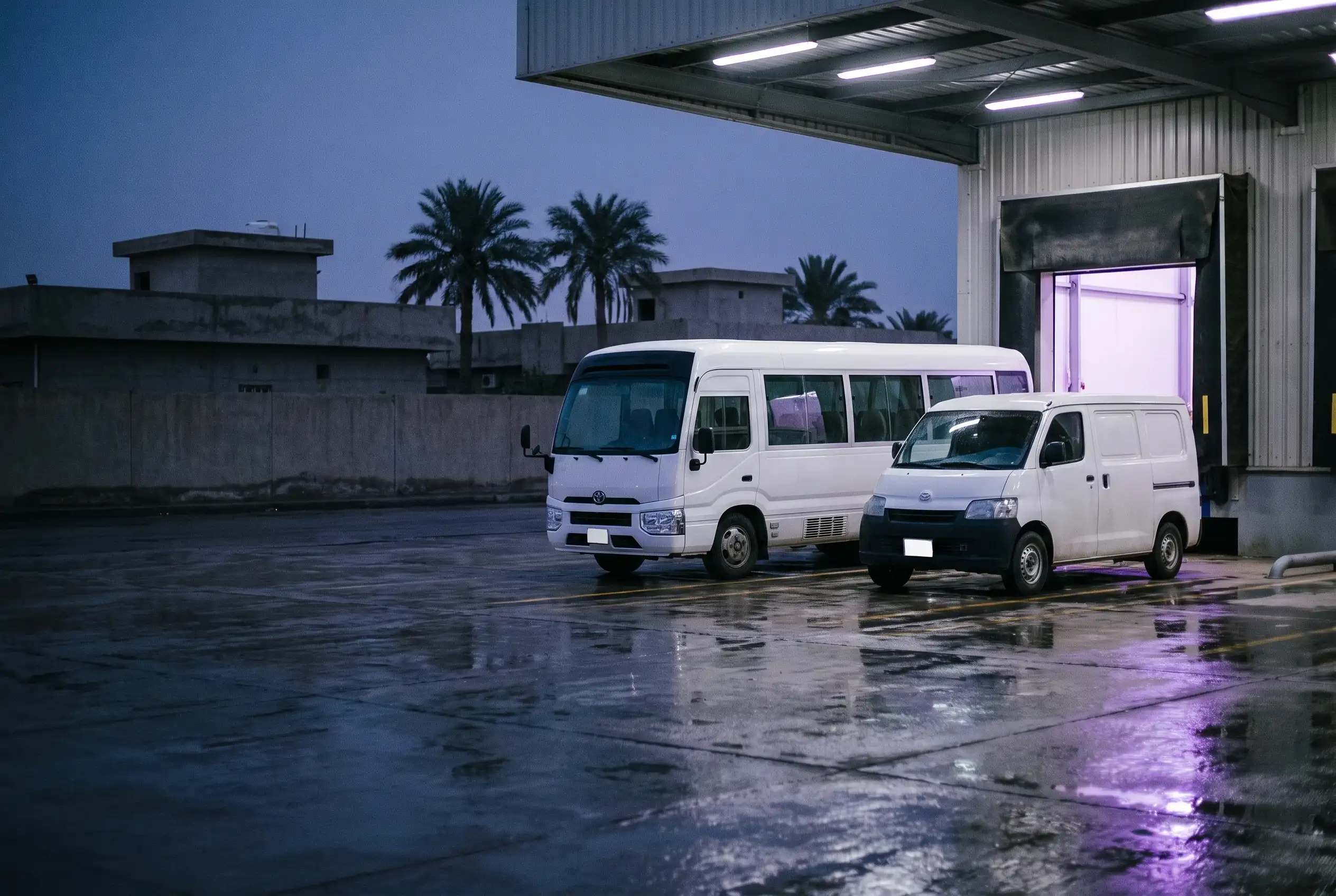 A van and a bus at a depot loading dock at night