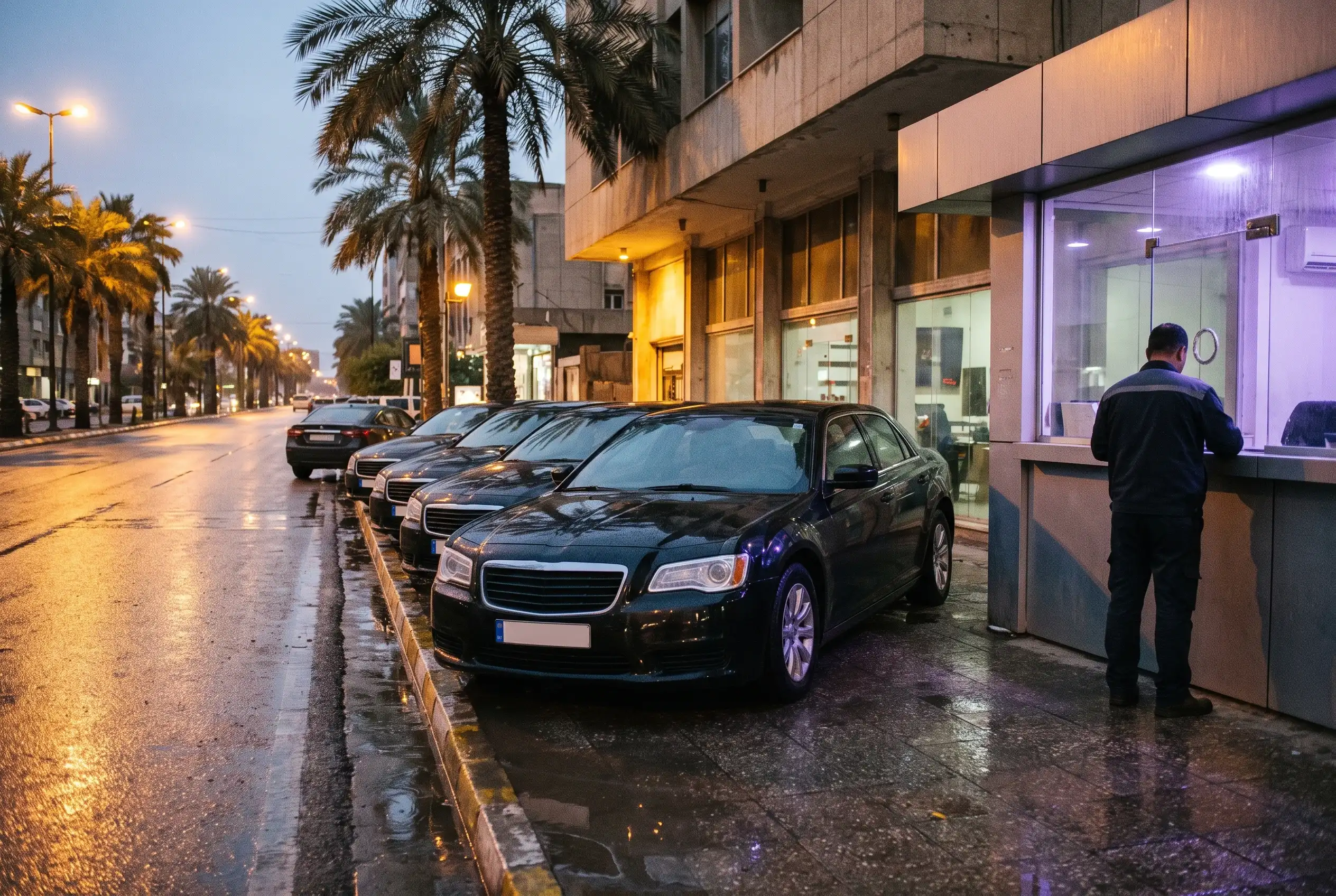 Sedans lined up in front of a rental counter at dusk