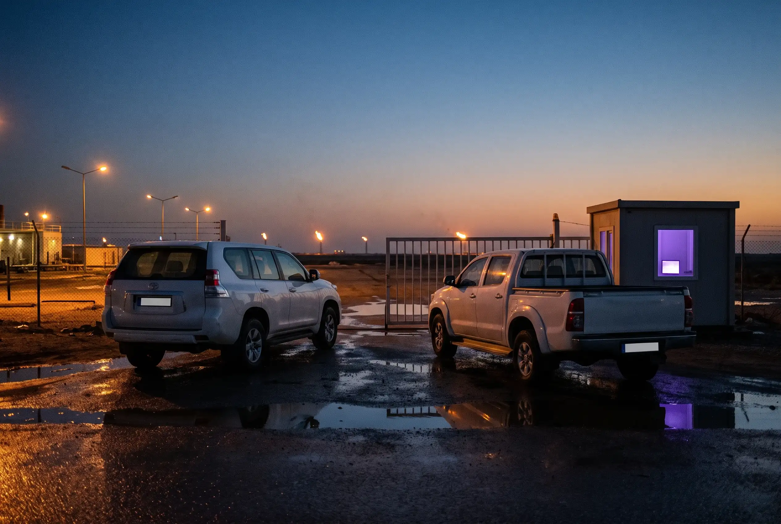 White pick-up trucks at a gate in evening light